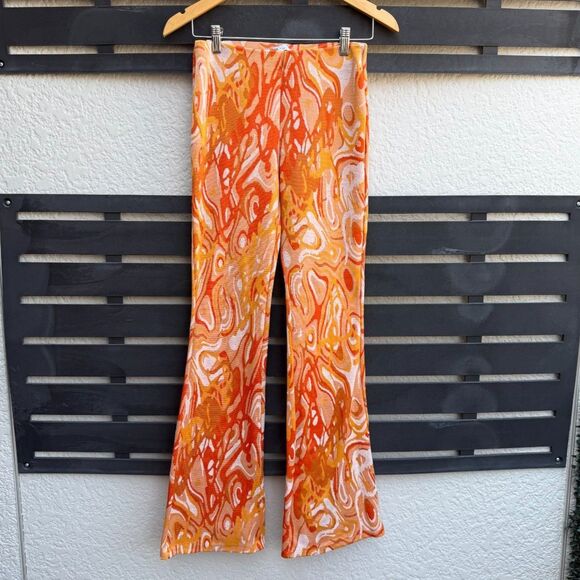 Zara Jacquard Retro Print Knit Flare Pants in Orange Swirl | Small - Picture 4 of 9